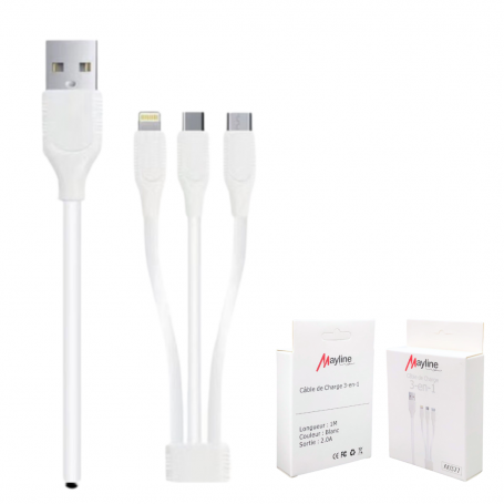 Câble 3 en 1 - USB vers Lightning/Type-C/Micro 20W - 1M (Mayline)