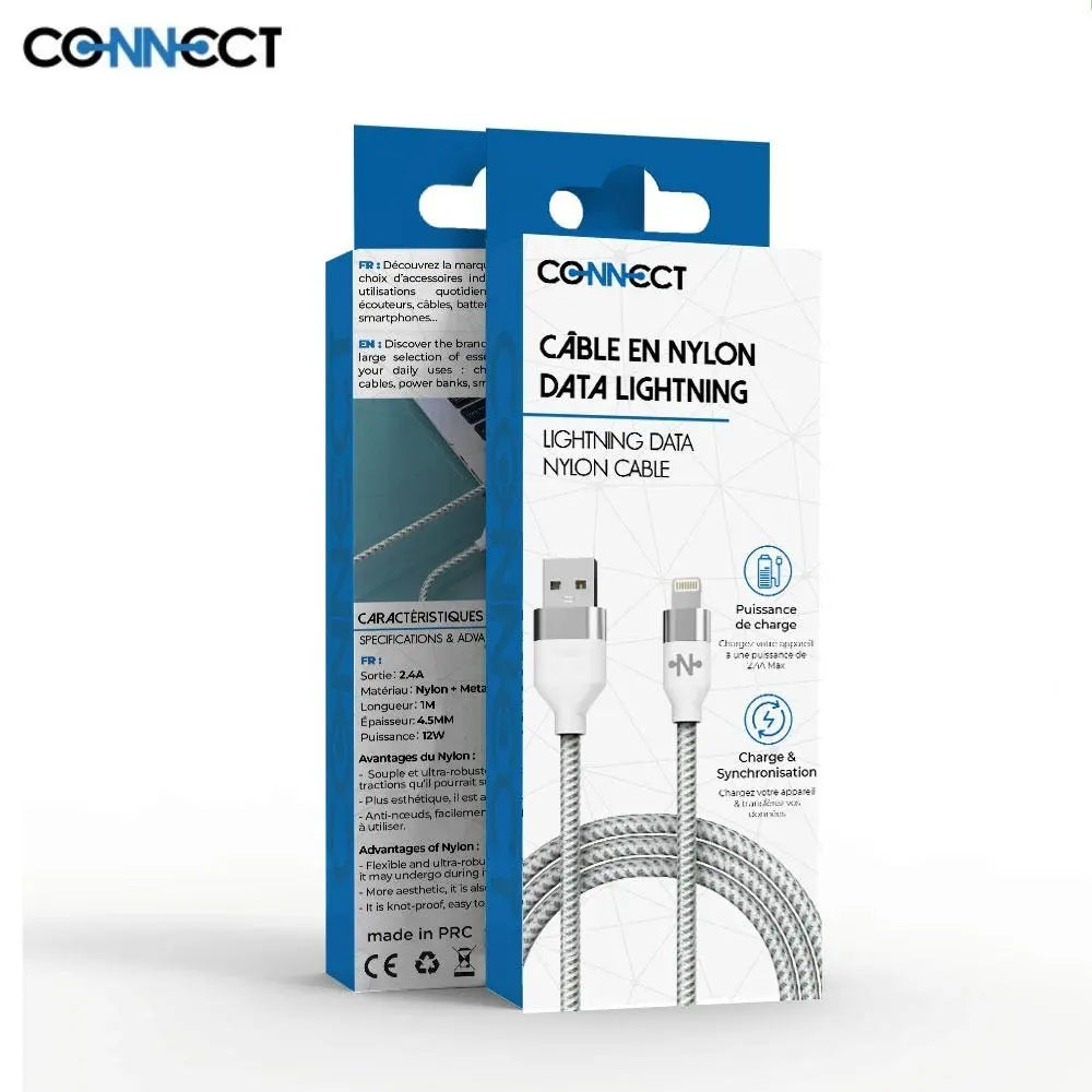 Câble Data USB vers Lightning CONNECT MC-CLB4 Nylon Tressé 12W (1m) Blanc