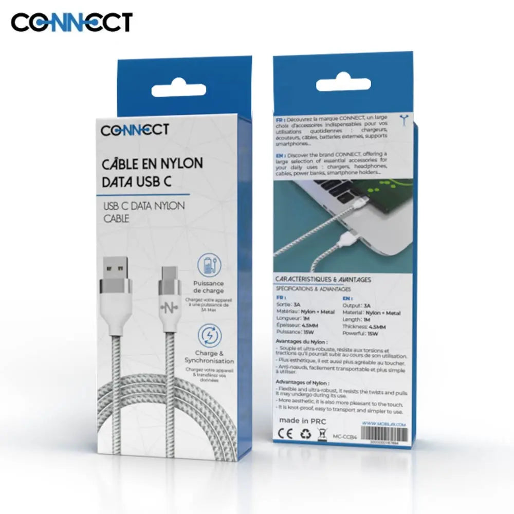Câble Data USB vers USB-C CONNECT MC-CCB4 Nylon Tressé 15W (1m) Blanc