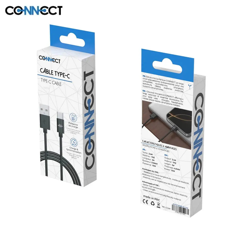 Câble Data USB vers USB-C CONNECT MC-CCN1 15W (1m) Noir